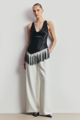 Satin Cowl Neck Tassel Hem
