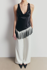 Satin Cowl Neck Tassel Hem