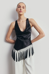 Satin Cowl Neck Tassel Hem