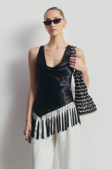 Satin Cowl Neck Tassel Hem