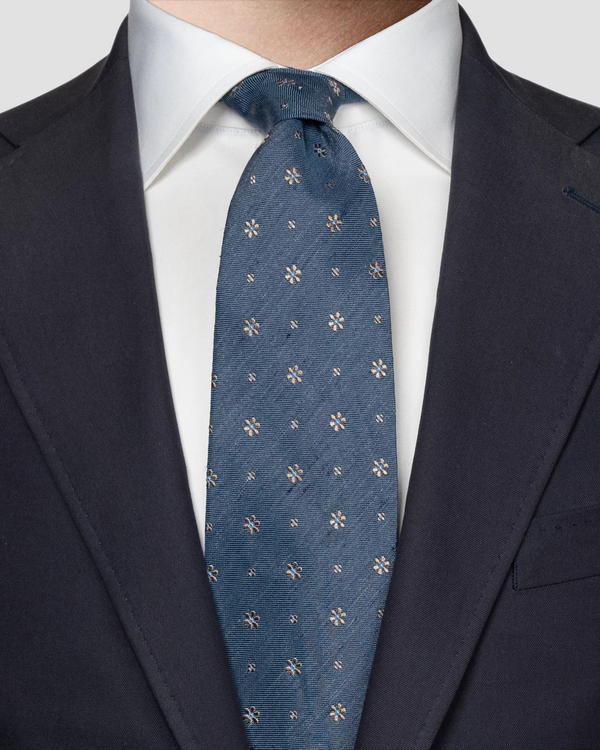 Blue Floral Print Silk Linen Tie