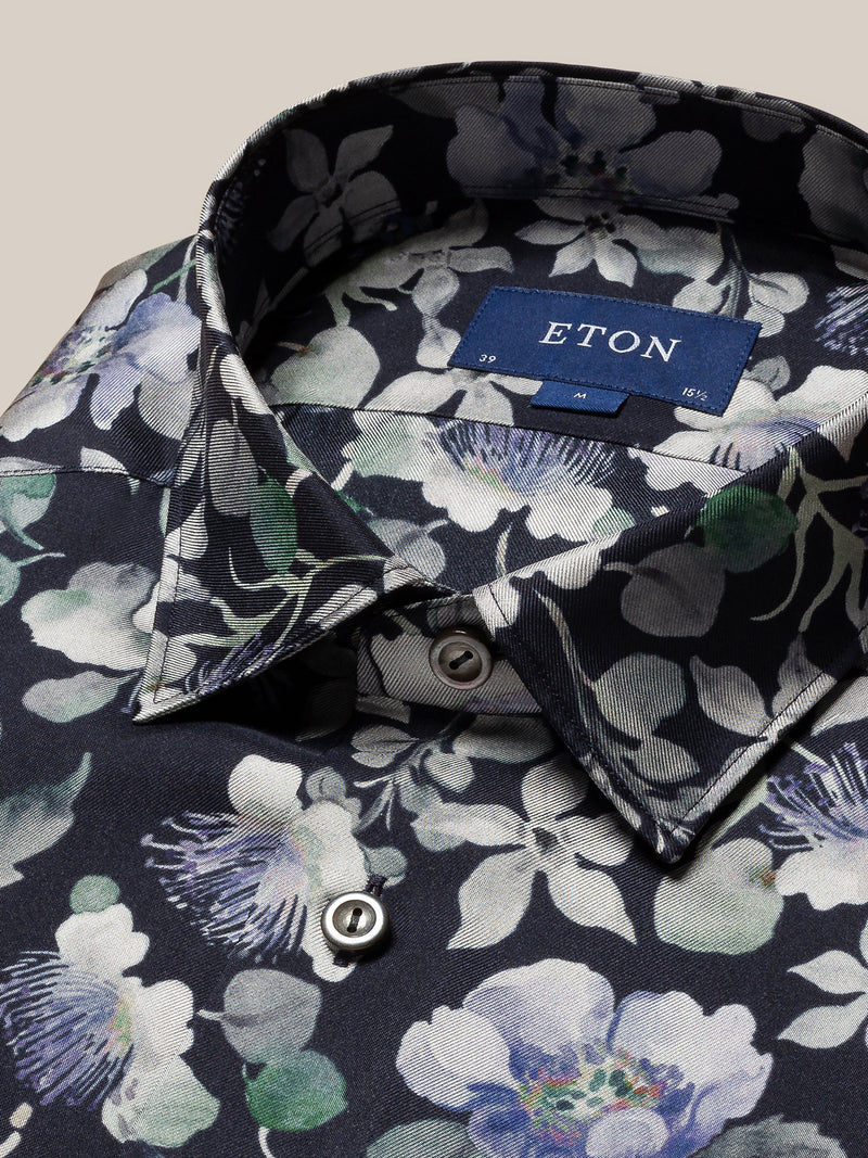 Navy Floral Silk Twill Shirt